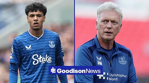 Adam Aznou in action for Everton on the left, with David Moyes to his right