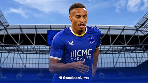 Jamie Leweling in an Everton kit at Hill Dickinson
