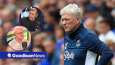 Everton manager David Moyes, and talkSPORT presenters Jim White and Martin Keown in circular insets.