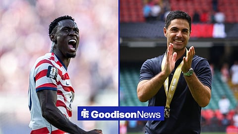 Folarin Balogun and Mikel Arteta cheering and celebrating in image split