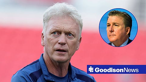 Main image of Everton manager David Moyes and Dan Friedkin's face in a circular inset on the right