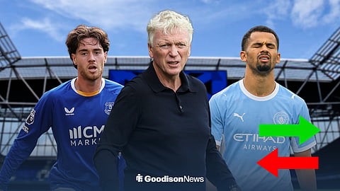 Hayden Hackney and David Moyes of Everton FC and Iliman Ndiaye in a Manchester City shirt ahead of Hill Dickinson.