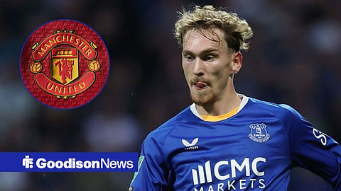 James Garner playing for Everton and a Manchester United badge