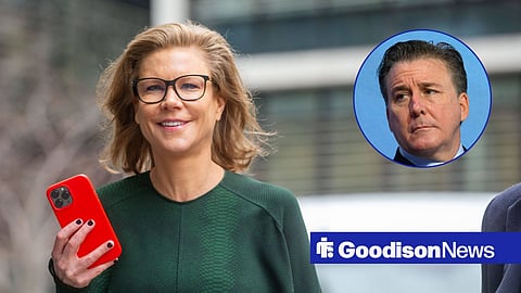 Amanda Staveley walking with a phone in her hand, with Dan Friedkin in a circular frame inset