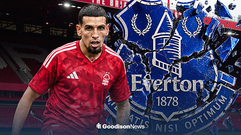 Daniel Munoz in a Nottingham Forest shirt, next to a shattered Everton FC badge.