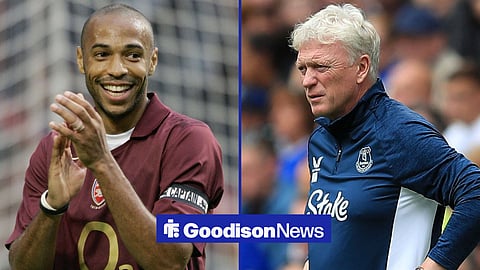 Thierry Henry celebrating for Arsenal and David Moyes managing Everton