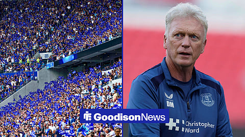 Split image of Everton fans in Hill Dickinson Stadium and David Moyes looking on