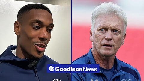 Anthony Martial speaking during an interview on the left and David Moyes on the right at Everton
