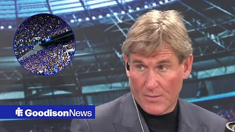 Simon Jordan speaking while live on talkSPORT, with Everton fans at a packed-out Hill Dickinson in a circular frame inset