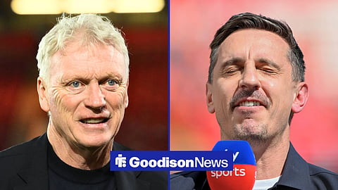 Split image of Everton manager David Moyes smiling and Gary Neville looking frustrated