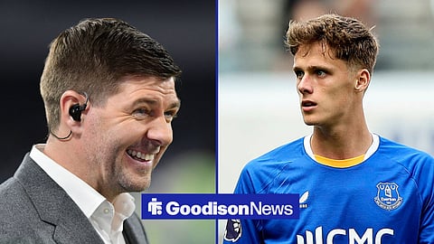 Steven Gerrard smiling, with Harrison Armstrong playing for Everton next to him in a split image