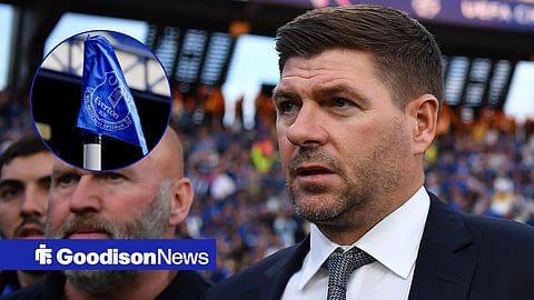 Steven Gerrard looking towards a circle inset of an Everton flag at Goodison Park