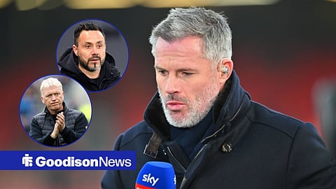 Jamie Carragher working as a Sky Sports pundit, with David Moyes and Roberto De Zerbi in circular frames inset