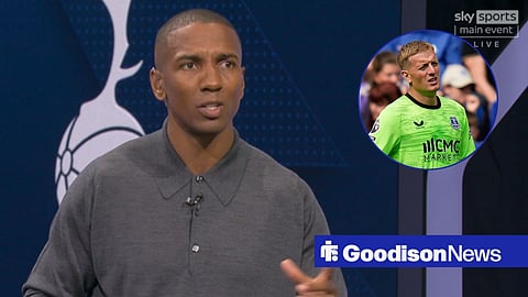 Ashley Young speaks about Jordan Pickford on Sky Sports. To the left of his is a smaller circle picture with Pickford in it.