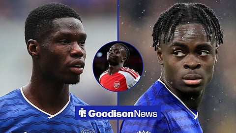 Everton pair Tyrique George and Thierno Barry with Arsenal's Bukayo Saka in a circular inset