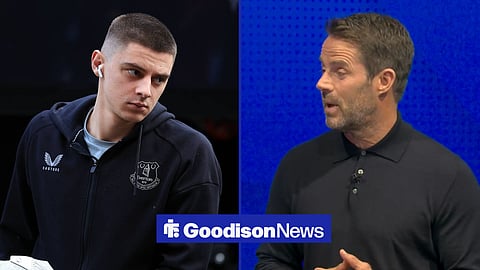 A 50:50 image. On the left is Everton left-back Vitalii Mykolenko. On the right is Jamie Redknapp appearing on Sky Sports.