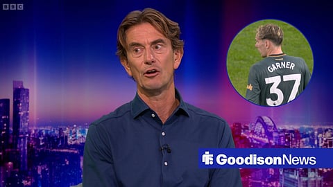 Thomas Frank talking on Match of the Day, alongside a smaller picture with James Garner in action for Everton.