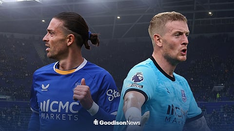Everton attacker Jack Grealish and Everton goalkeeper Jordan Pickford