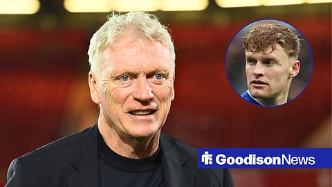 Main image of Everton manager David Moyes smiling and Jarrad Branthwaite's face in a circular inset on the right