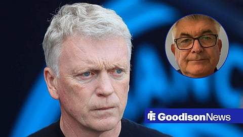 David Moyes looking towards a circular frame inset of John Parrott
