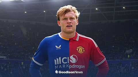 Jarrad Branthwaite in a half-Everton, half-Manchester United kit with Hill Dickinson Stadium in the background