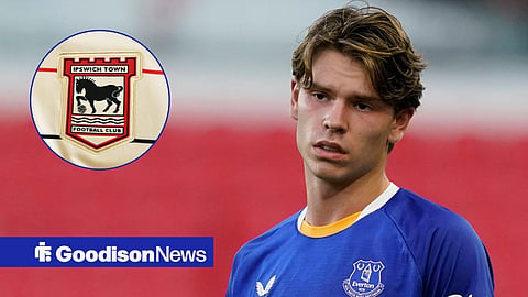 Tyler Dibling looking annoyed at Everton towards an Ipswich Town badge