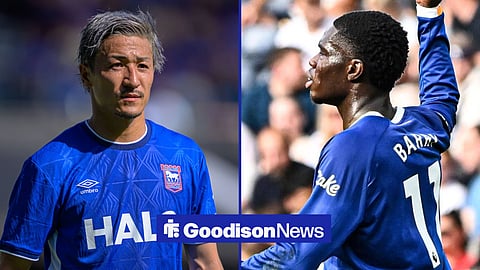 Thierno Barry celebrating for Everton and Daizen Maeda playing for Ipswich Town