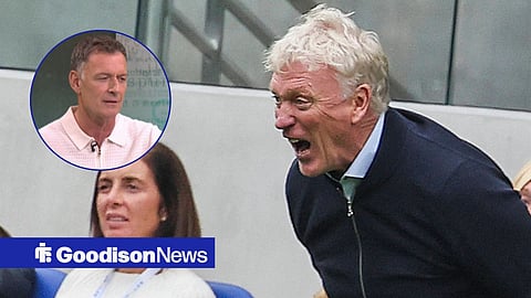 David Moyes looking angry at Everton, with Chris Sutton speaking on Final Score in a circular frame inset