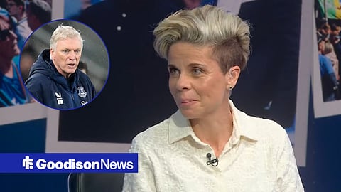 Sue Smith looking towards a circular frame inset of David Moyes
