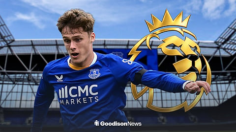 Everton's Harrison Armstrong with golden Premier League crest and Hill Dickinson Stadium background