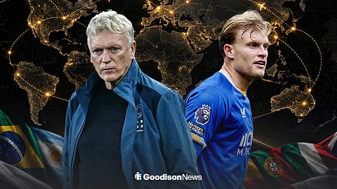 David Moyes looking annoyed and Jarrad Branthwaite playing for Everton