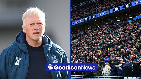 David Moyes looks on, with a generic shot of Everton fans at Hill Dickinson Stadium to his right in a split image