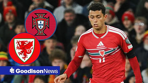 Everton's Brennan Johnson in action for Wales with Portugal and Wales' international crests in circular insets