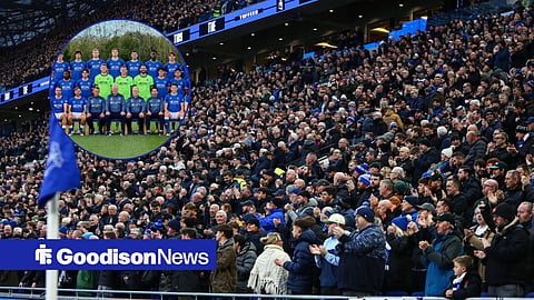 Everton fans inside Hill Dickinson Stadium with 2026-27 Everton team photo in a circular inset