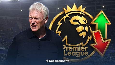David Moyes looks on, with the Premier League badge and up and down arrows alongside him