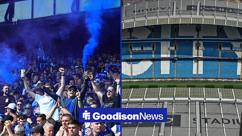 A general shot of Man City's Etihad Stadium, with Everton fans to the left in a split image