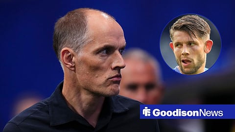 Main image of England manager Thomas Tuchel and Everton defender James Tarkowski's face in a circular inset on the right