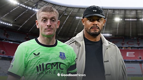 Jordan Pickford in Everton kit next to Vincent Kompany ahead of Allianz Arena