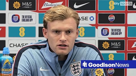 Everton defender Jarrad Branthwaite giving an interview on England duty