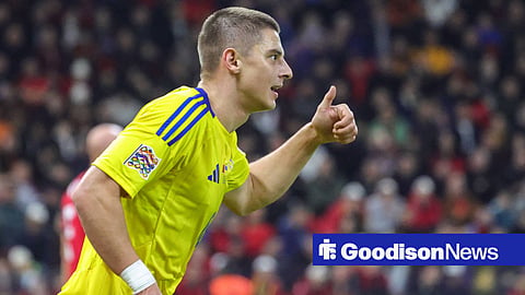 Everton's Vitalii Mykolenko in action for Ukraine