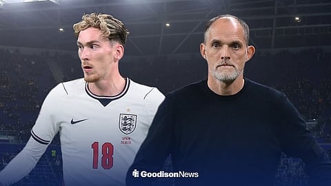 Everton midfielder James Garner in an England shirt, and England manager Thomas Tuchel