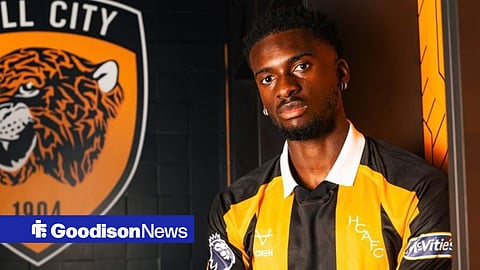 Ex-Everton midfielder Tim Iroegbunam posing as a Hull City player