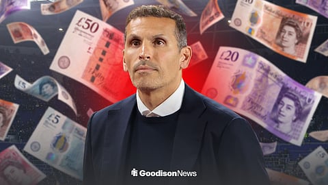 Khaldoon Al Mubarak at Hill Dickinson Stadium surrounded by falling bank notes