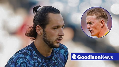 Leeds United goalkeeper James Trafford, and Everton star Jordan Pickford's face in a circular inset on the right