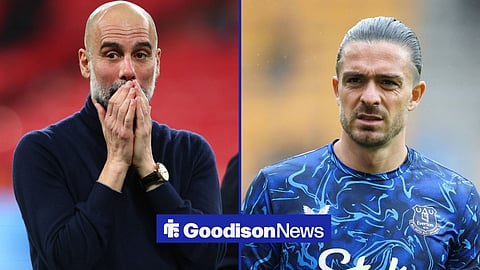 Pep Guardiola with hands on his mouth shocked, with concerned Jack Grealish looking left in image split