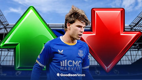 Everton's Tyler Dibling with green and red trending up/down arrows and Hill Dickinson Stadium background