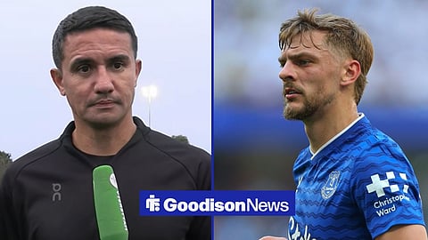 Tim Cahill looking on in an interview and Kiernan Dewsbury-Hall in action for Everton
