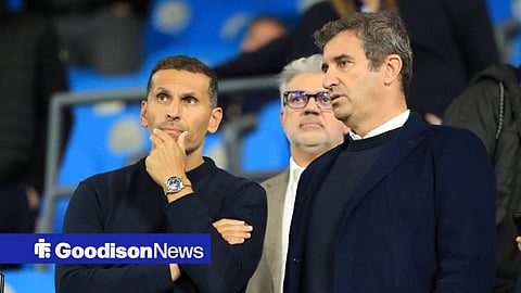 Manchester City chairman Khaldoon Al Mubarak speaks with CEO Ferran Soriano 