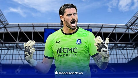 Tom King celebrating in an Everton kit at Hill Dickinson Stadium