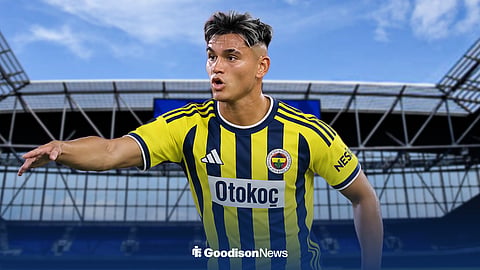 Charly Alcaraz in a Fenerbahce kit at Hill Dickinson stadium